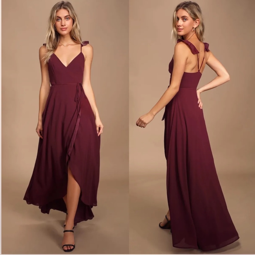 Lulu’s Here’s To Us Burgundy High Low Wrap Dress Size XS NWTS